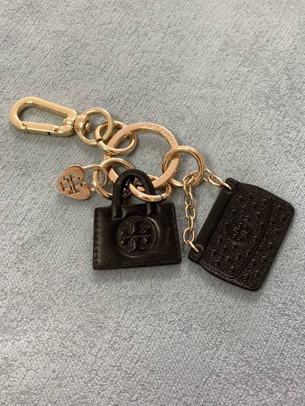 Tory Burch Black Leather Mini Bag & Cardholder Keychain with Gold Hardware